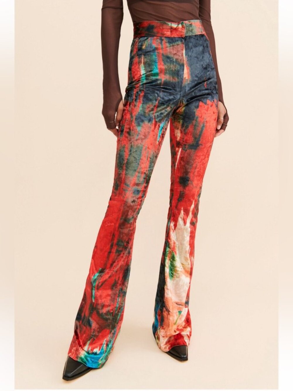 Rendoll Free People Santana Trousers High-rise velvet tie-dye pants flare size 6